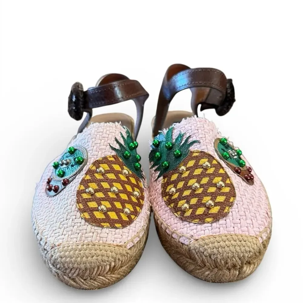 Dolce & Gabbana Pineapple Kiwi Patch Raffia Espadrille Sandals EU 39 US 9